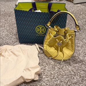 Tory Burch Lemon Quilted Drawstring Mini Bucket Bag